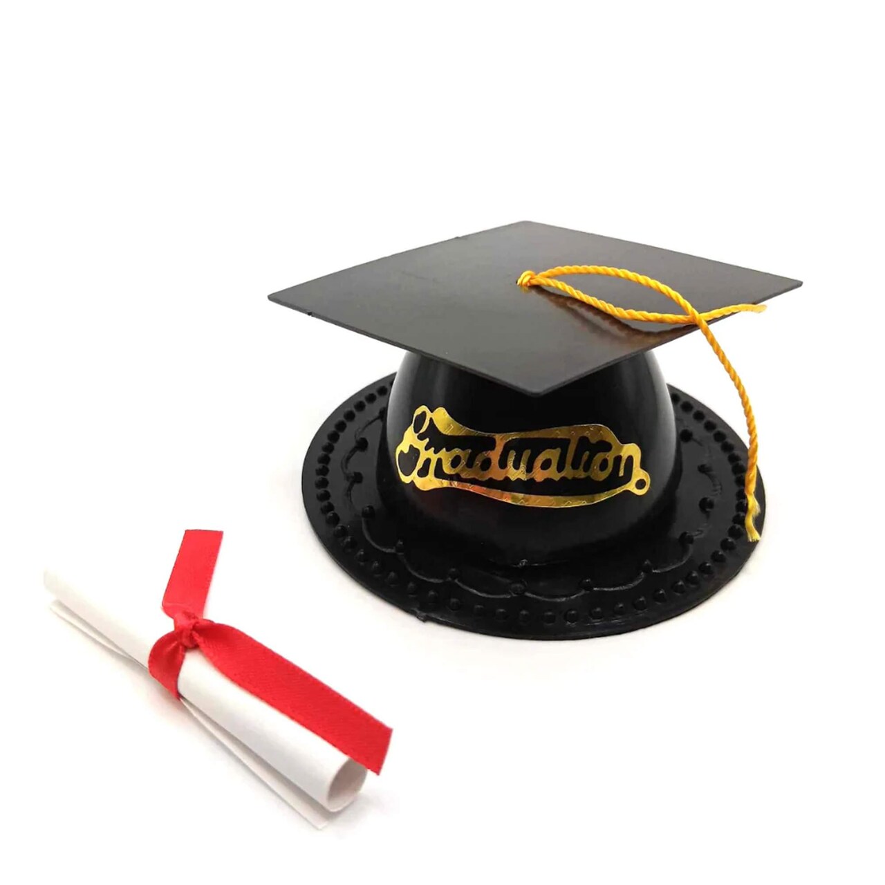 24 Count Graduation Cap Cake Topper with Diploma Plastic Paper Party Decoration Black 3.5 Inch